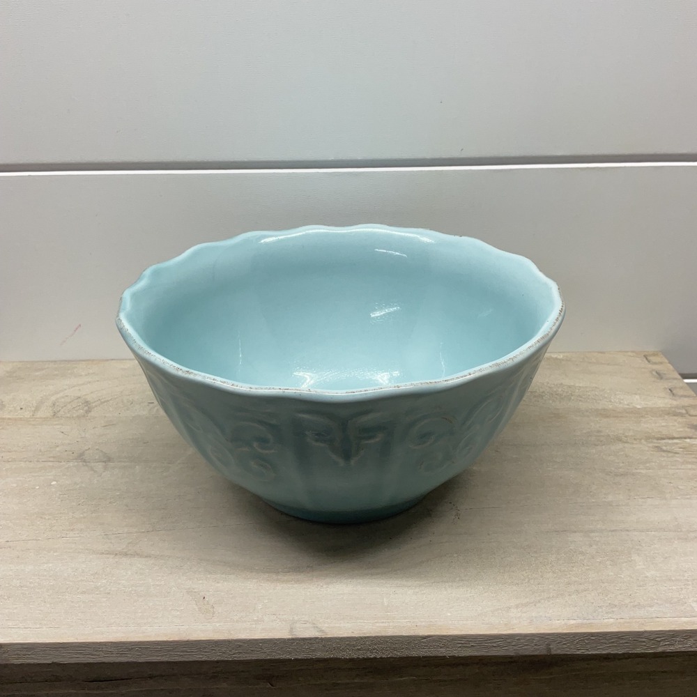 Light Blue Scalloped Embossed Scroll Ceramic Serving Bowl Farmhouse 6.5 Inch